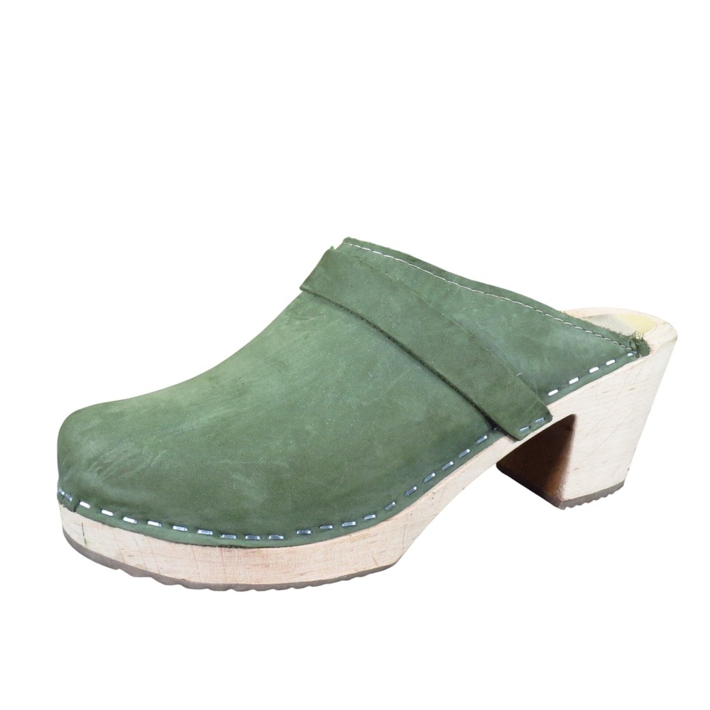 Lotta from Stockholm Classic Women Clogs Size 40 Daily Wear Green Nubuck Leather